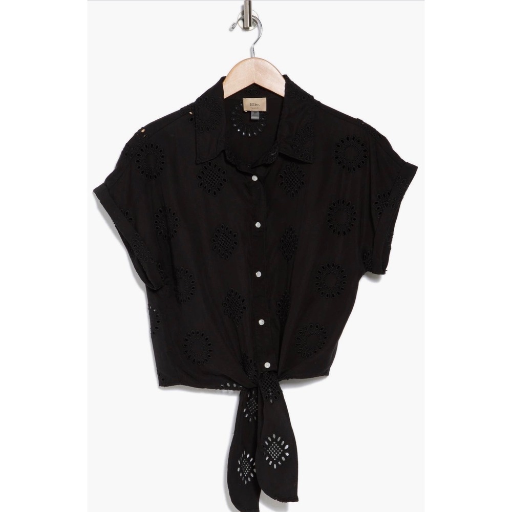 Elie Elie Tahari Black Eyelet Embroidered Tie Front Short Sleeve Shirt NWT - Picture 9 of 9